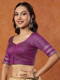 SALWAR STUDIO - Purple Brocade Round neck Elbow Sleeves Stitched Blouse