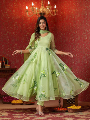 Vibrant Green Parrot Motif Angrakha Kurta Pant Set