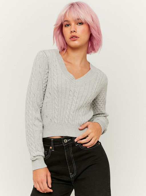 HOT V Neck Cable Knit Crop Sweater TALLY WEiJL V-Neck Cable