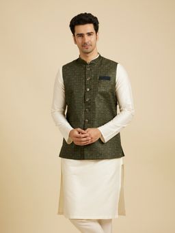 Manyavar - Green Blended Viscose Printed Jackets for Men