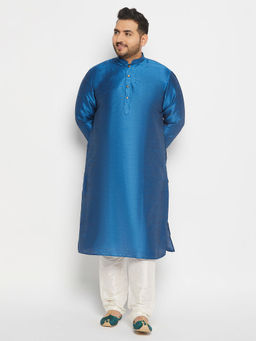 Vastramay - Mens Blue And Cream Silk Blend Kurta Pyjama