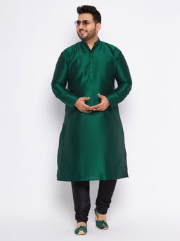 Vastramay - Mens Green Silk Blend Kurta Pyjama (Set of 2)
