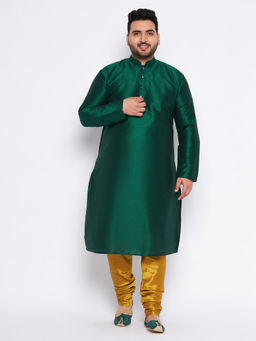 Vastramay - Mens Bottle Green And Mustard Silk Blend Kurta Pyjama (Set of 2)