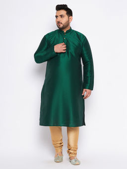 Vastramay - Mens Bottle Green Silk Blend Kurta Pyjama (Set of 2)
