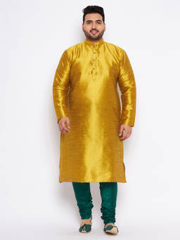 Vastramay - Mens Mustard And Bottle Green Silk Blend Kurta Pyjama (Set of 2)