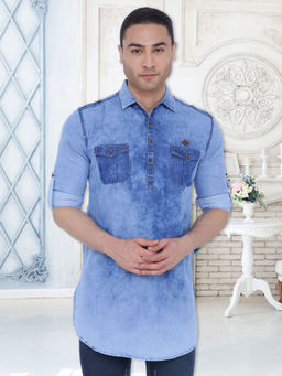KUONS AVENUE - Men's Tailored Fit Denim Short Pathani Kurta