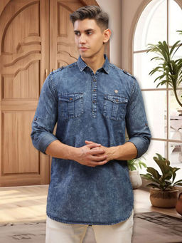 KUONS AVENUE - Men's Blue Cloud Tailored Fit Denim Short Pathani Kurta