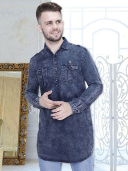 KUONS AVENUE - Men's Blue Cloud Tailored Fit Denim Short Pathani Kurta