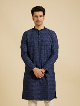 Manyavar - Blue Blended Cotton Printed Kurta for Men