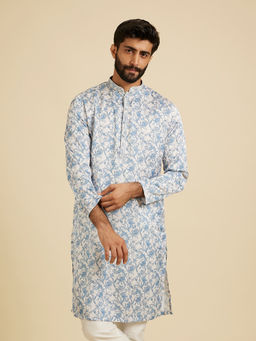 Manyavar - Blue Satin Floral Printed Kurta for Men