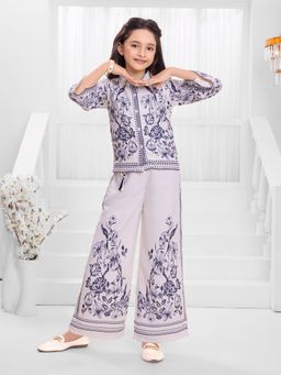 Mini Stitch - Cotton Woven Placement Botanical Print Top Palazzo - White