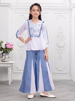 Mini Stitch - Cotton Woven Placement Mirror Embroidered Top Palazzo - Blue