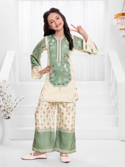 Mini Stitch - Cotton Satin Woven Placement Floral Print Top Palazzo - Seagreen