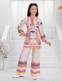 Mini Stitch - Cotton Satin Woven Placement Floral Print Top Palazzo - Cream