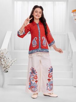 Mini Stitch - Cotton Satin Woven Placement Paisley Print Top with Palazzo - Red
