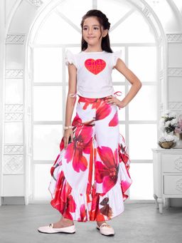 Mini Stitch - Cotton Crepe Butterfly Sleeves Placement Print Top and Palazzo - Pink