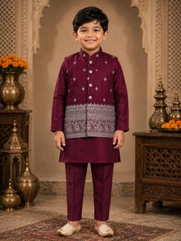 Mini Stitch - Satin Cotton Zari Embroidered Kurta Pyjama with Nehru Jacket - Maroon