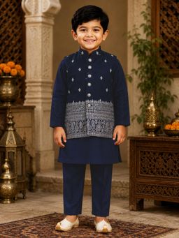 Mini Stitch - Satin Cotton Zari Embroidered Kurta Pyjama with Nehru Jacket - Navy Blue