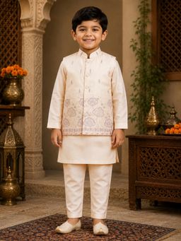 Mini Stitch - Satin Cotton Zari Embroidered Kurta Pyjama with Nehru Jacket - Cream