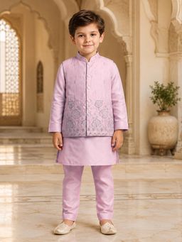 Mini Stitch - Satin Cotton Zari Embroidered Kurta Pyjama with Nehru Jacket - Onion pink