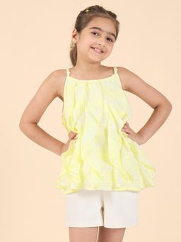 StyloBug - Girls Checks Print Round Neck Casual Wear Top with Shorts Yellow