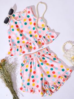StyloBug - Girls Polka Dots Print Round Neck Casual Wear Top with Shorts Pink