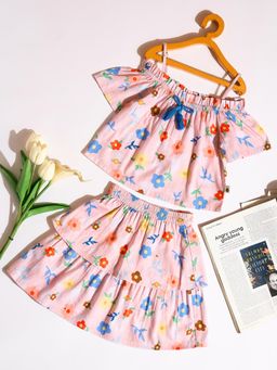 StyloBug - Girls Flower Print Shoulder Straps Wear Top with Skirt Pink