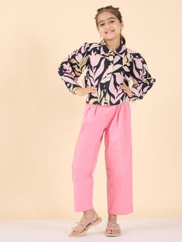 StyloBug - Girls Flower Print Shirt Collar Casual Wear Top With Pant - Black