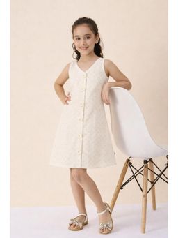 StyloBug - Girls Knee Length A-Line Casual Wear Dress Off-White