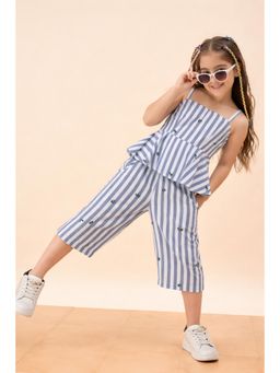 StyloBug - Girls Stripes Print Square Neck Casual Wear Co-Ord Sets Blue