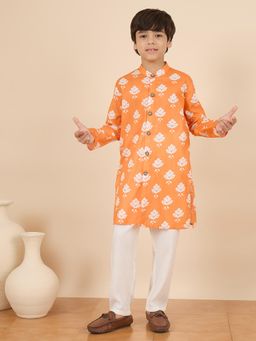 StyloBug - Boys Hand Block Print Stand Collar A-Line Kurta with Pyjama - Orange