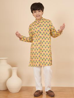 StyloBug - Boys Block Print Stand Collar A-Line Ethnic Wear Kurta with Pyjama - Yellow