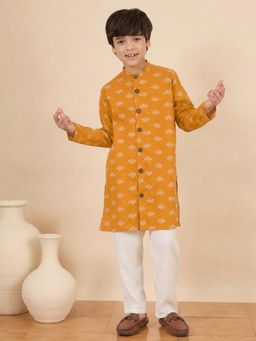 StyloBug - Boys Block Print Stand Collar A-Line Ethnic Wear Kurta with Pyjama - Yellow