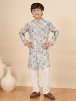 StyloBug - Boys Printed Stand Collar A-Line Ethnic Wear Kurta with Pyjama - Multi