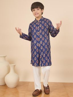 StyloBug - Boys Hand Block Printed Stand Collar A-Line Kurta with Pyjama - Navy Blue