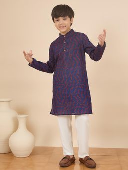 StyloBug - Boys Hand Block Printed Stand Collar A-Line Kurta with Pyjama - Navy Blue