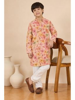StyloBug - Boys Print Stand Collar A-Line Ethnic Wear Kurta with Pyjama - Pink