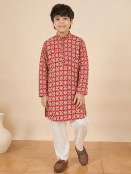 StyloBug - Boys All over Print A-Line Ethnic Wear Kurta with Pyjama - Maroon