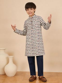 StyloBug - Boys Print Stand Collar A-Line Ethnic Wear Kurta with Pyjama - Grey