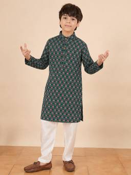 StyloBug - Boys Print Stand Collar A-Line Ethnic Wear Kurta with Pyjama - Green