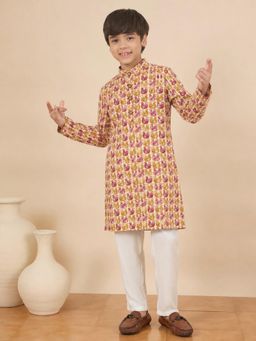 StyloBug - Boys Print Stand Collar A-Line Ethnic Wear Kurta with Pyjama - Beige