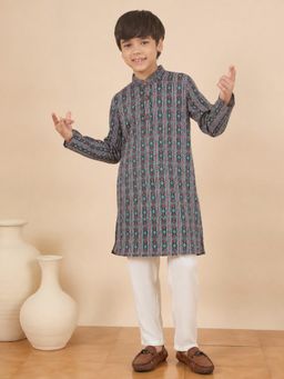 StyloBug - Boys Print Stand Collar A-Line Ethnic Wear Kurta with Pyjama - Green
