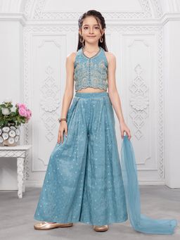 Mini Stitch - Cotton Silk Floral Zari Embroidered Top Palazzo Dupatta - Blue