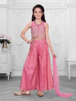 Mini Stitch - Cotton Silk Floral Zari Embroidered Top Palazzo Dupatta - Pink