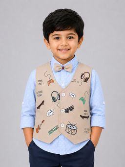 Mini Stitch - Cotton Graphic Print Waistcoat Shirt With Bow - Beige