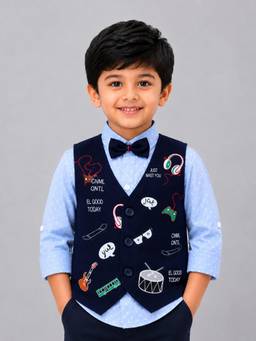 Mini Stitch - Cotton Graphic Print Waistcoat and Shirt With Bow - Blue