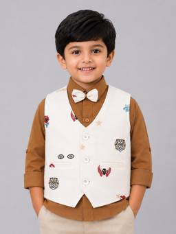 Mini Stitch - Cotton Graphic Embroidered Waistcoat Shirt With Bow - Cream