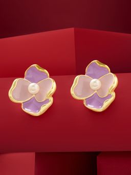 Zaveri Pearls - Pink Purple Enamelling Contemporary Pearl Studs Earring