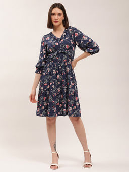 ELLE - Womens Floral Printed Navy Dress