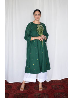 HOUSE OF MOXA - Forest Green Jamdani Kurta with Side Gathers
